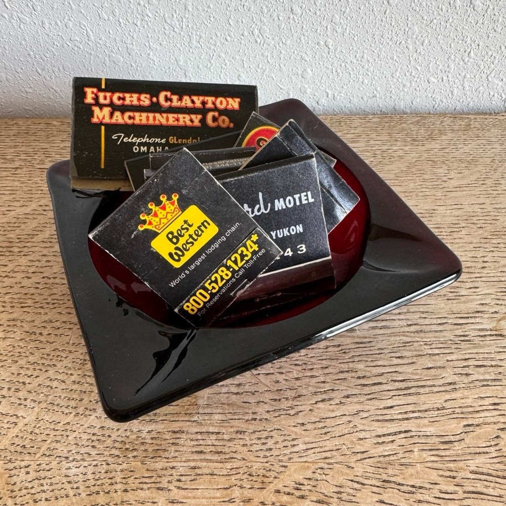 Black Vintage Matchbook Collection in Red MCM Glass Ashtray